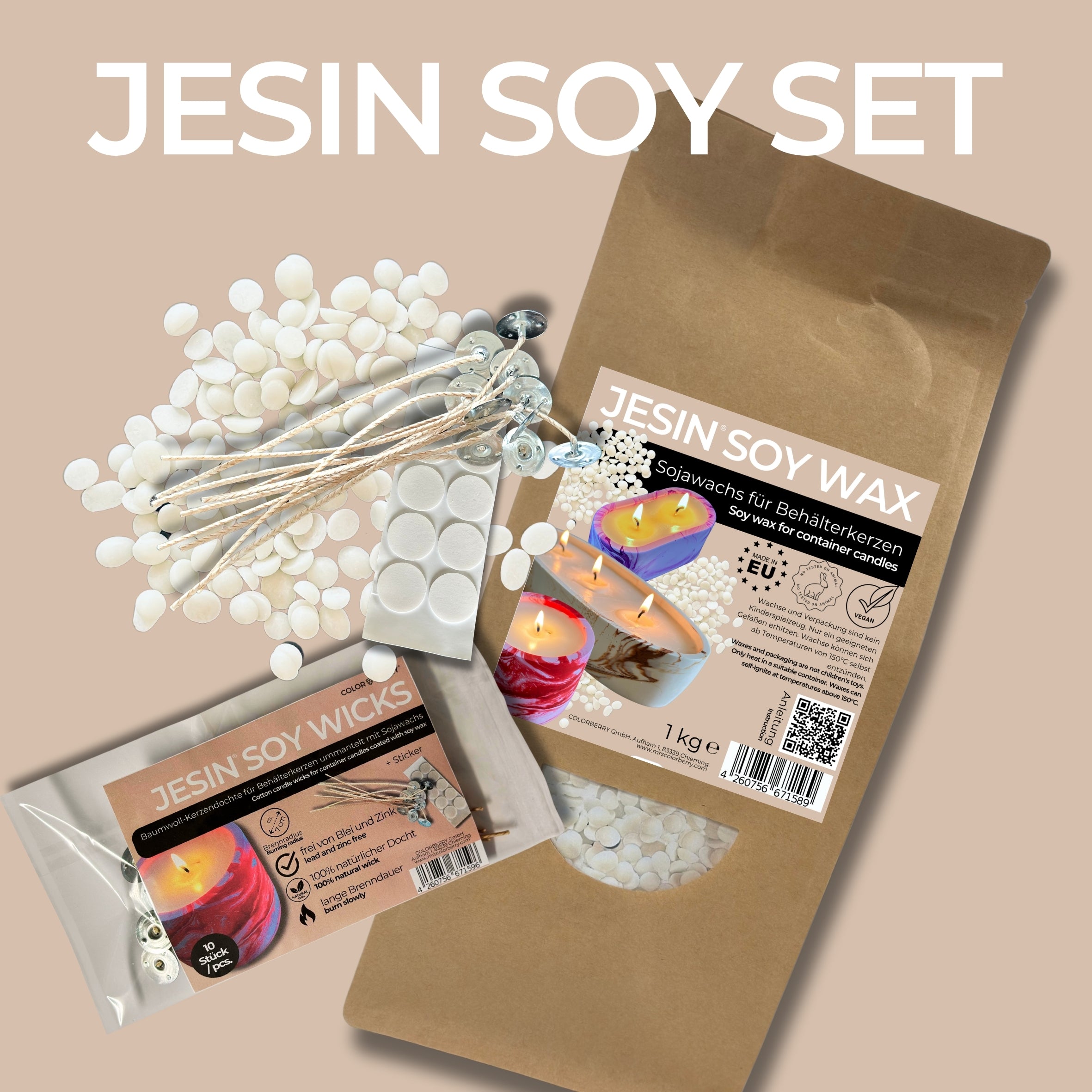 JESIN SOY SET - Wachs + Dochte für das Kerzengießen